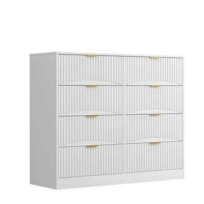 Commode moderne à 8 tiroirs pour chambre à coucher, commode en bois de 47,2 po de largeur avec poignée en métal doré, organisateur de tiroir pour chambre à coucher, salon, couloir et entrée, blanc