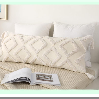 Boho Chenille Lumbar Pillow Cover - Soft Extra Long Case for Bed Sofa Couch - Farmhouse Livingroom Decor - Modern Skinny Design - White