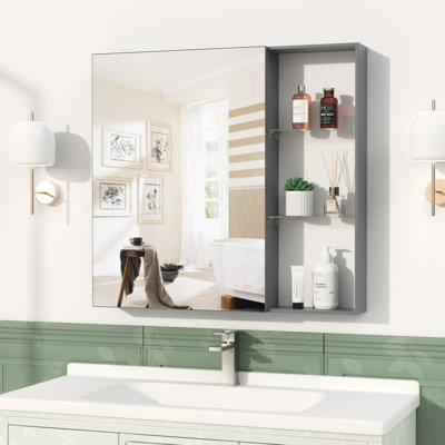 Armoire à pharmacie 30 po x 28 po avec miroir, matériau en aluminium, ouverture silencieuse, plusieurs compartiments, miroir et rangement brun noir, structure, charnières,