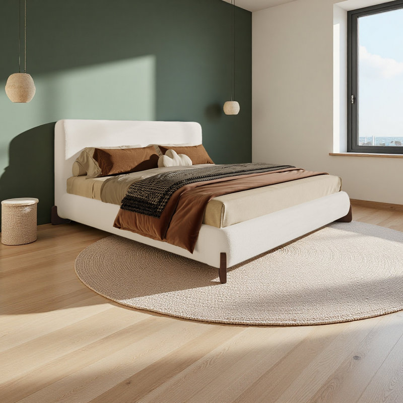 Élégant lit tapissier avec pieds en bois massif brun foncé, centre de chambre luxueux et confortable, grand, Grand lit
