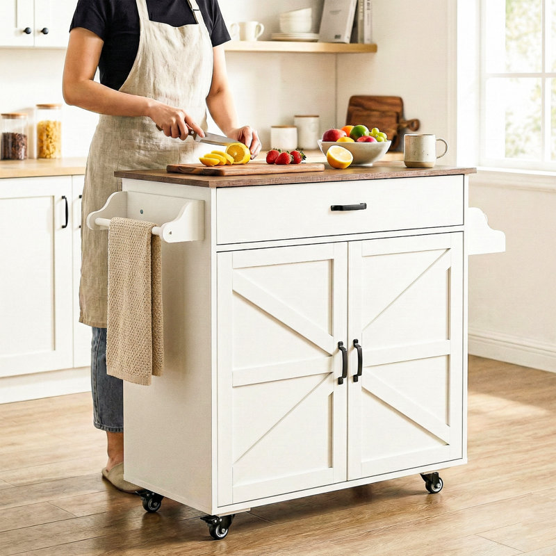 42" Modern Farmhouse Kitchen Island Cart With Wood Top & X-Design Cabinet