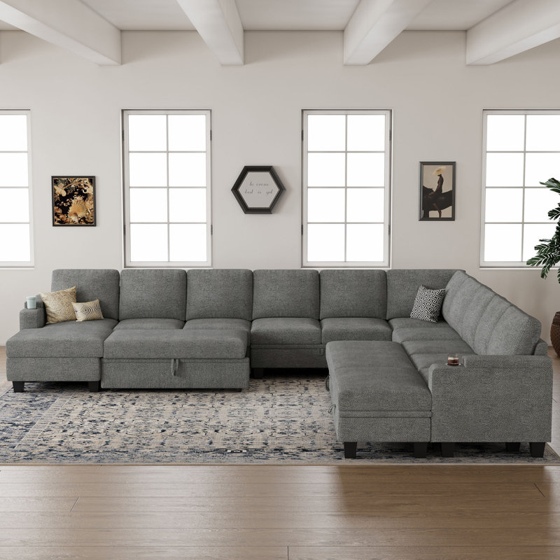 Januelle Oversized 142.7'' Wide Chenille L-Shaped Sofa Bed U-Shaped Couch Storage Modular Sectional Sofa, Gray Chenille