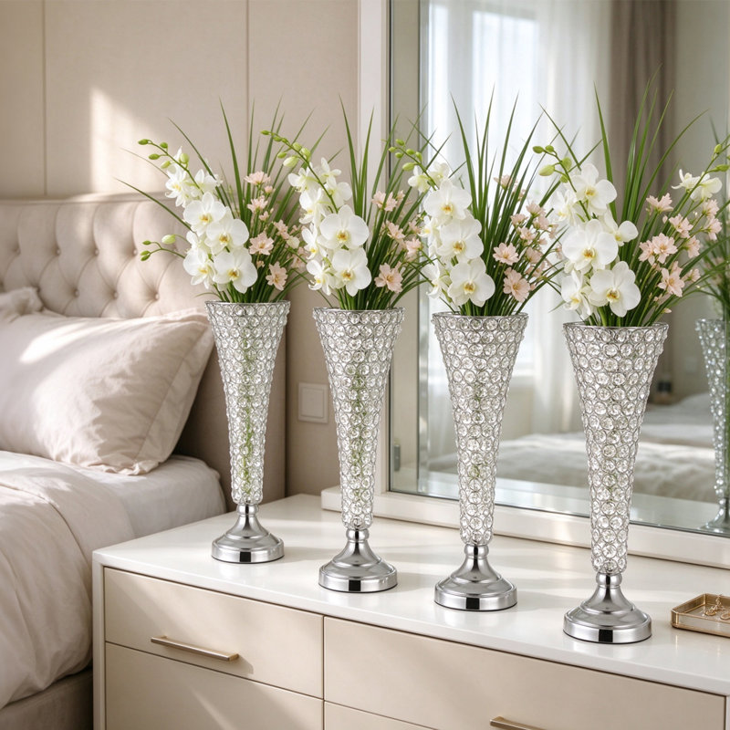 Ensemble de 4 vases en cristal argentés de 4 pièces, ensemble de centres de table de mariage à base en acier, support à arrangement floral pour la fête et la maison