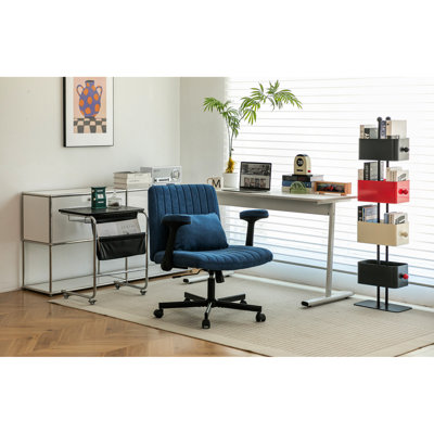 Chaise de bureau bleue avec revêtement en lin, siège ergonomique, pivotant sur 360 ° et hauteur réglable, roulettes à base croisée, mécanisme d'inclinaison de 108 à 130, rembourrage en mousse à mémoire de forme douce