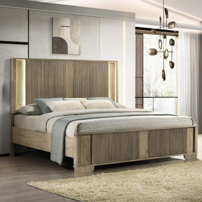 Très grand cadre de lit très grand avec tête de lit à DEL, style transitionnel, panneaux, finition chêne antique, mobilier de chambre à coucher de style rustique, bois pour la décoration