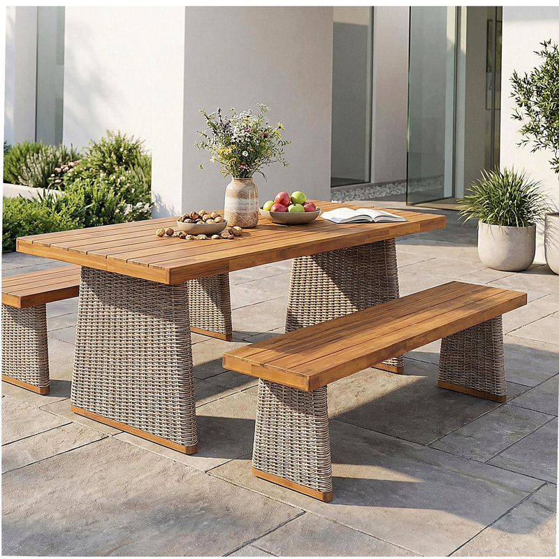 Ensemble repas d'extérieur 3 pièces en bois d'acacia avec pieds en rotin tissé à la main, brun, Brun / teck