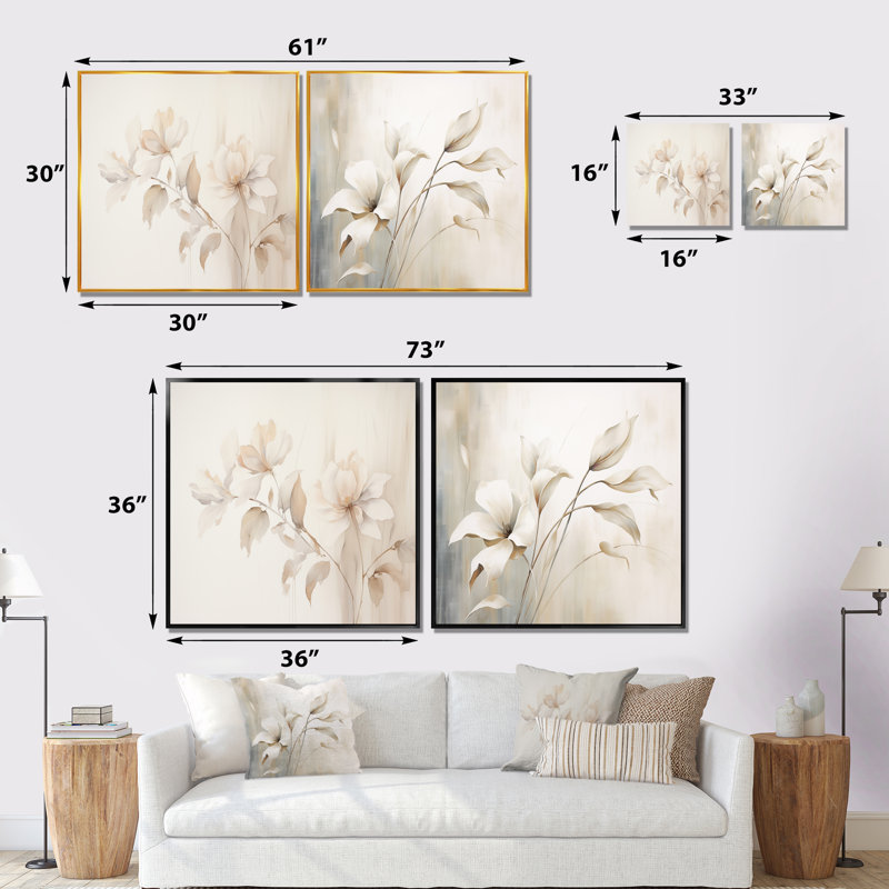 «Pink Blossoming Garden» - Ensemble de 2 collages carrés botaniques abstraits, H 30 po x l 61 po, Toile tendue