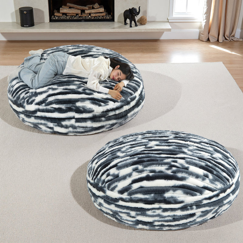 Oversized Compression Large Round 5 Foot Giant Foam Filled Faux Rabbit Fur White Navy Bean Bag Sofa with Soft Removeable Cover (Set of 2)