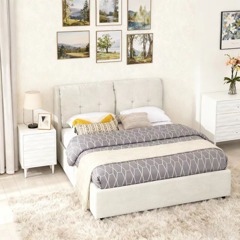 Lit plateforme tapissier avec rangement et tête de lit hydraulique en tissu chenille pour plus de confort et de style