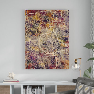 'Nashville Tennessee City Map II' Graphic Art on Wrapped Canvas in Yellow/Purple/Red
