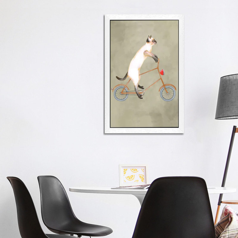 Cat On Bicycle - Print on Canvas, 101.6 cm H x 66.04 cm W, White Floater Framed
