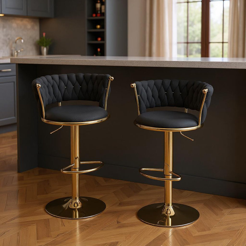 Ensemble de deux chaises de bar pivotantes à hauteur réglable en velours noir et doré Hukill
