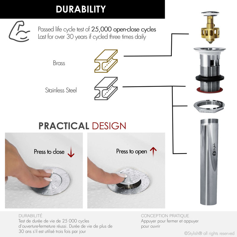 Polished Chrome Bathroom Sink Pop-Up Drain Set with Overflow