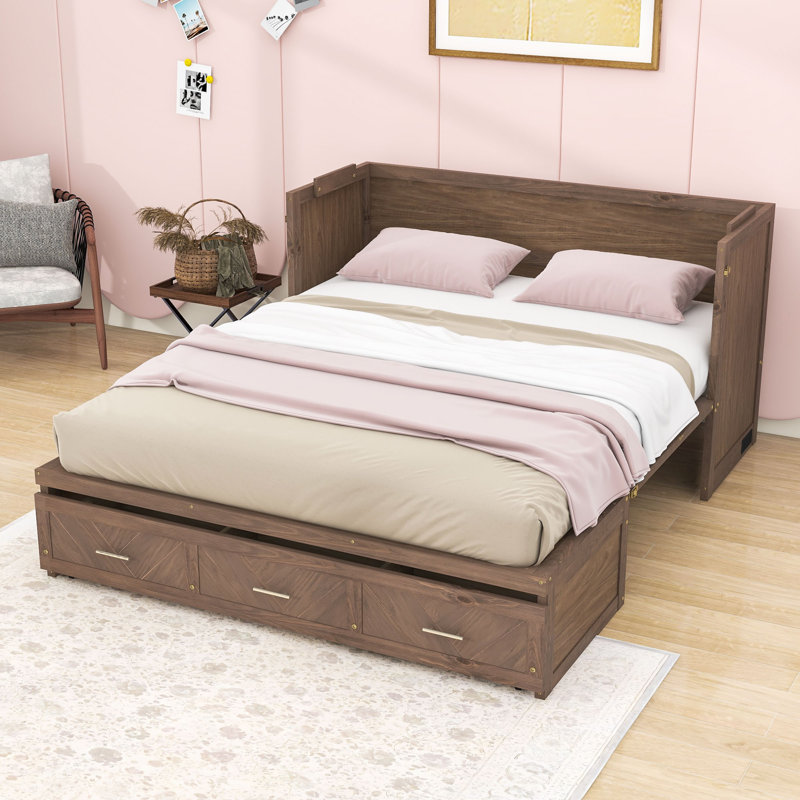 Grand lit escamotable en bois avec station de charge, Noyer clair