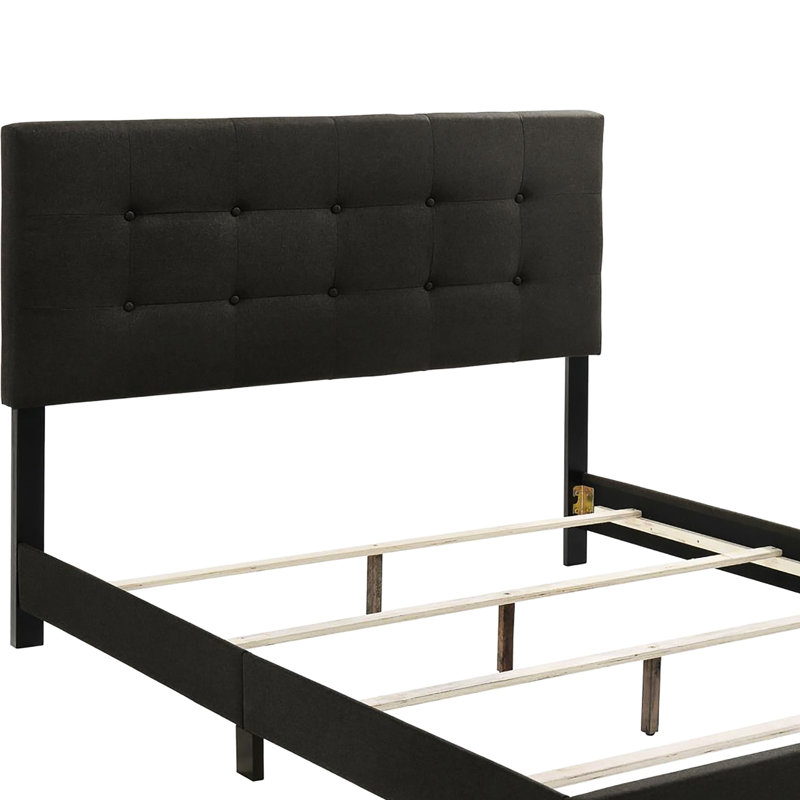 Lit double gris anthracite pour chambre à coucher - Style transitionnel avec rembourrage en mousse confortable et pieds noirs pour une structure de tête de lit contemporaine rembourrée