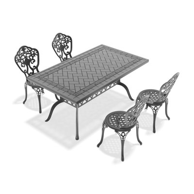 5 Cast Aluminum Dining For All Weather Conditions, Black Frame, Intricate Patterns, & Construction, Ergonomic Seating Option, Slip Pad, Easy Assembly Technique All-weather Suite, Delicate Carving