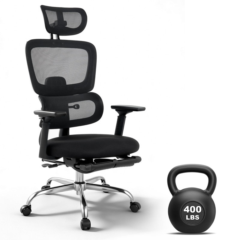 Fauteuil de bureau et de jeu ergonomique en filet - Dossier haut - Capacité de 400 lb - Appui-tête réglable en 3D - Soutien lombaire et des jambes - Accoudoirs relevables 4D - Inclinaison à 3 niveaux - Siège pivotant respirant - Noir
