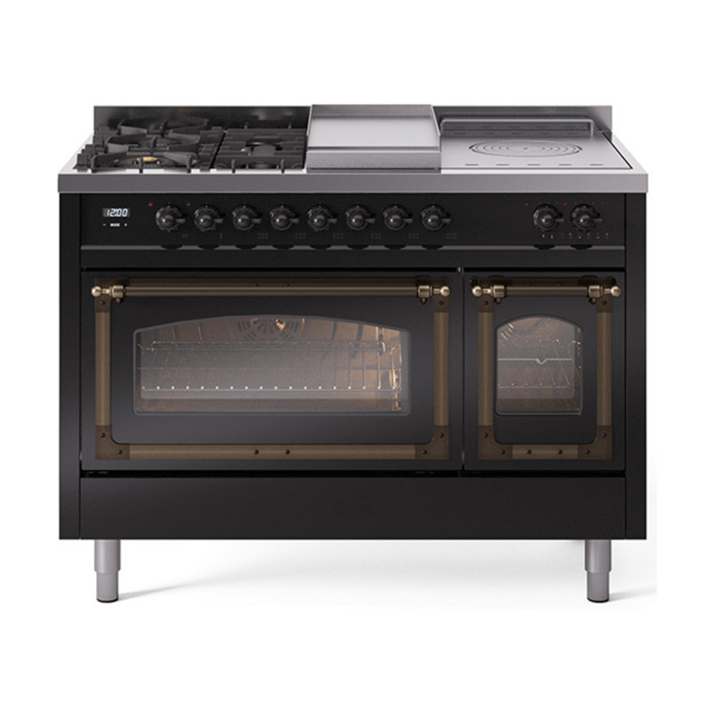 ILVE Nostalgie II Noblesse 48 inch Dual Fuel Range (5 Sealed Burners + Griddle + French Top, Triple Glass Door), Chrome