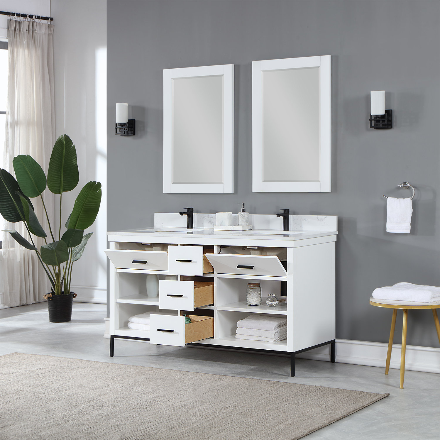 Adaire 60'' Double Bathroom Vanity, Matte Black, White