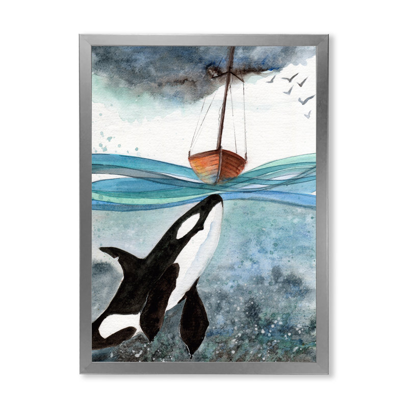 Orque dans la mer bleue - Peinture sur toile, H 40 po x l 30 po, Cadre photo argenté