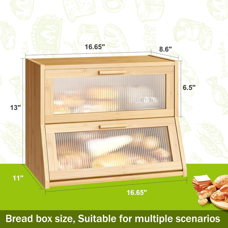 Large Natural Bamboo Double Layer Bread Box with Acrylic Doors