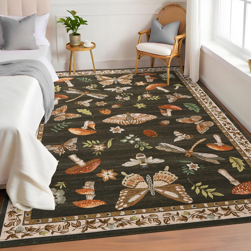 Floral Machine Washable Rug with Non-Slip Backing, Soft Thin Low Pile Non Shedding Floor Carpet, Indoor Foldable Printed Accent Mat for Living Room/Nursery/Bedroom