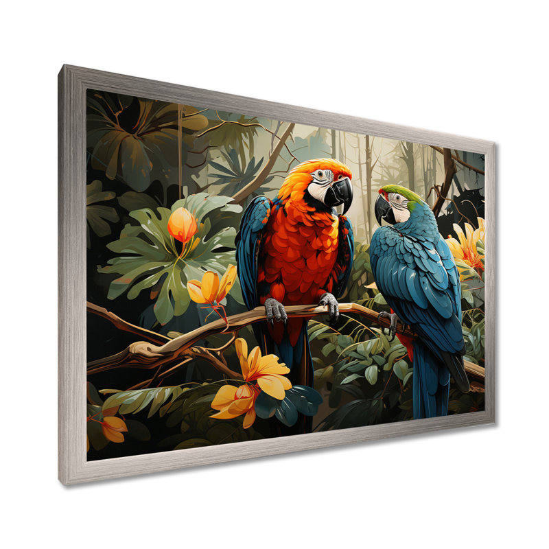 «Tropical Parrot Plumage I», art mural grand perroquet, H 30 po x l 40 po x P 1,5 po, Cadre simple argenté
