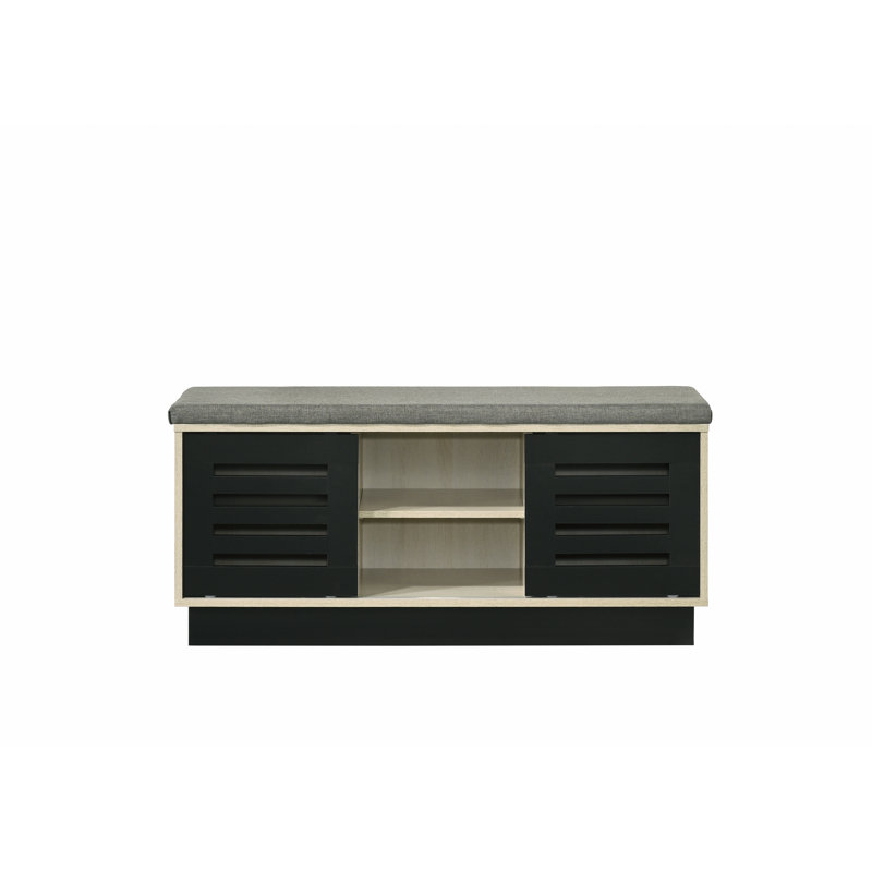 38.5"W Oak Finish Shoe Cabinet With Sliding Doors, Upholstered Top
