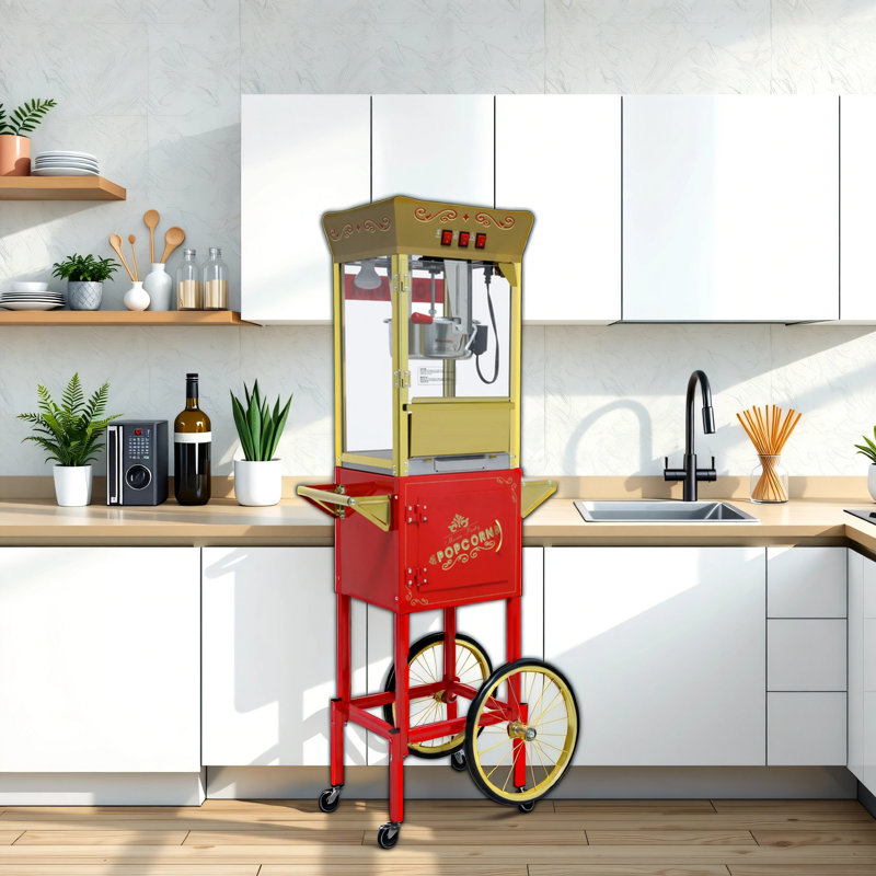12 oz. Chariot à maïs soufflé avec roulettes, bouilloire en acier inoxydable, Rouge
