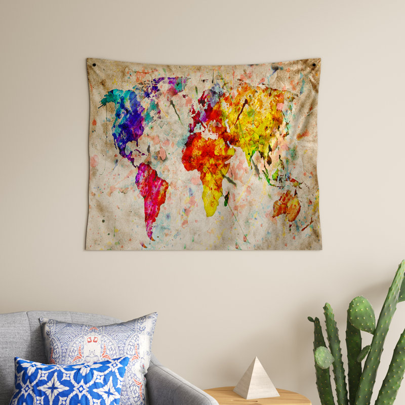 Tapisserie aquarelle "carte du monde rétro, H 32 po x l 39 po