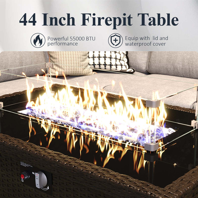 Layinsun 6-Piece Outdoor Modular Wicker Sectional Sofa With Fire Pit Table, Patio Furniture Conversation Set With Deep Seating And Thick Cushions