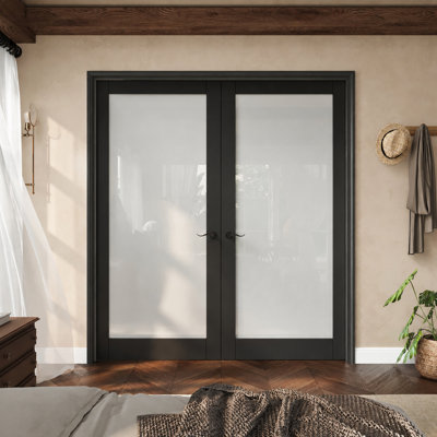 72" x 80" 1-Lite Black French Door, Frosted Glass French Door with Black Latches, Privacy Glass Door Slab With Black Frame, Sound-Dampening & Waterproof, Suit For Laundry, Bathroom, Kitchen, Closet Doors, Room Doors, Latch & Door Lever Included