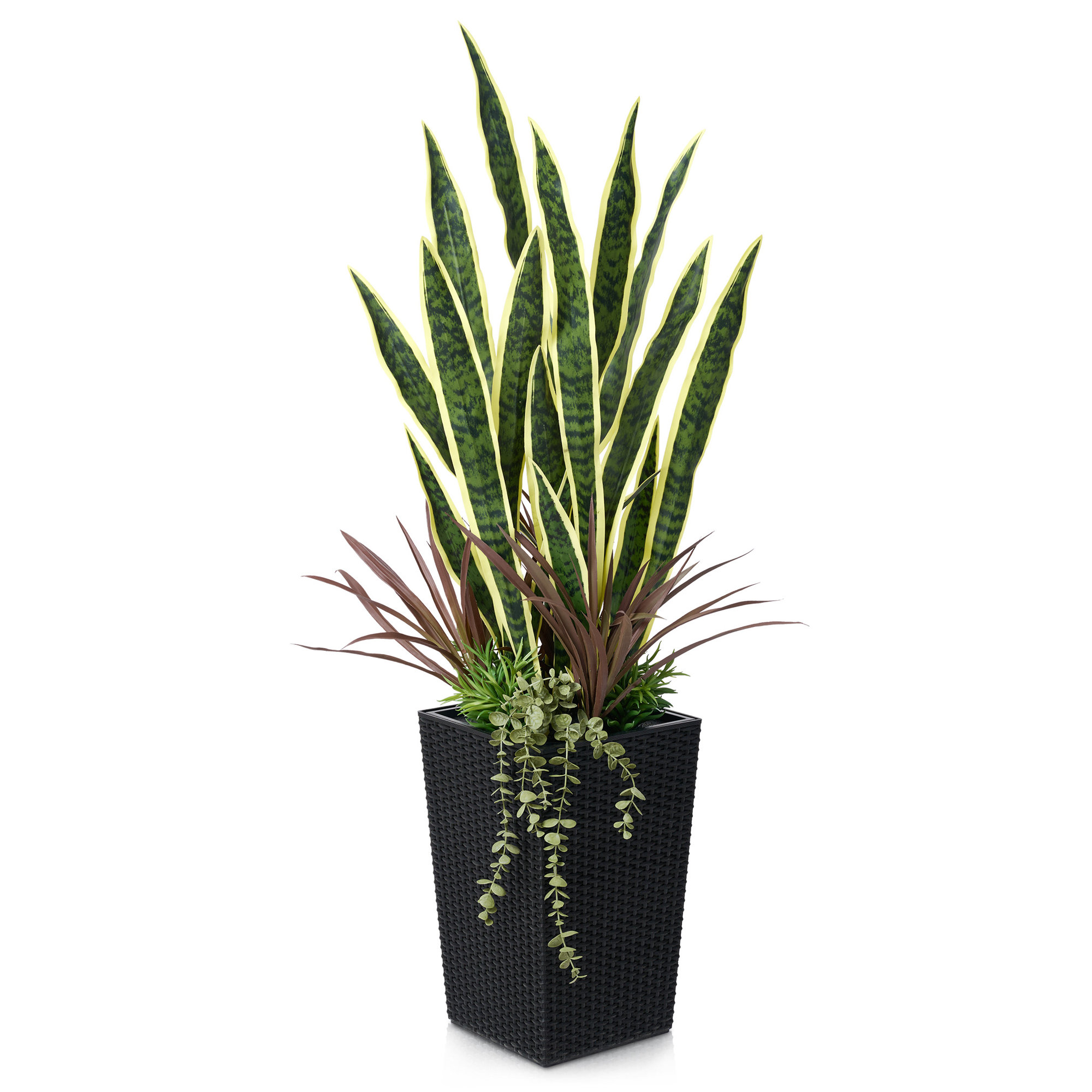 Artificial Snake Plant 4FT - UV Resistant Faux Plant with Tapered Planter and Decorative Plants, Black