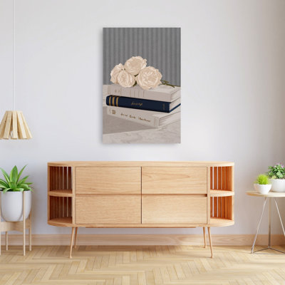Soft Roses And Books Classic Elegant Minimalist Rose Flower Landscape Wall Art Print