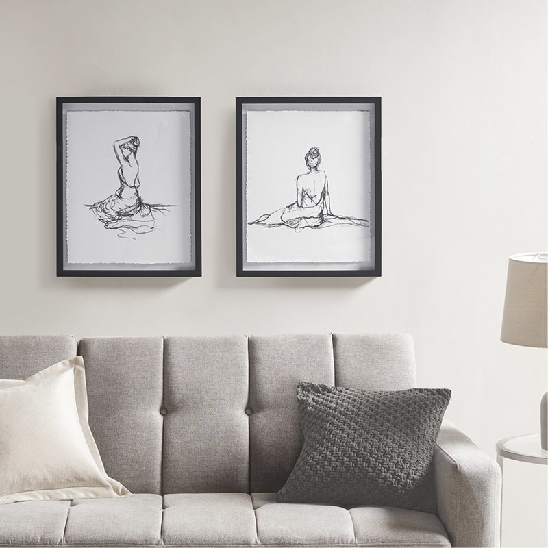 2 art mural encadré - croquis de personnages noir et blanc à bords frangés avec cintres