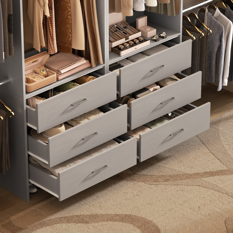 47.4"-119" Closet Organizer With Drawers And 4 Hanging Rods, Gray