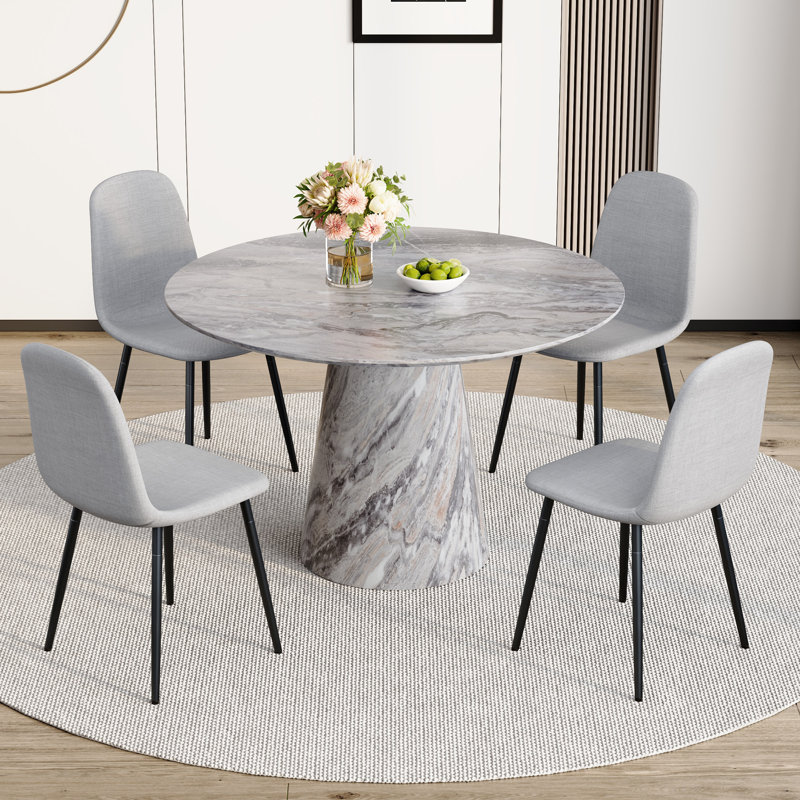 45'' Round Dining Table Set With 4/6 Upholstered Chairs, 5 Pieces: Table, 4 Chairs, Light Gray
