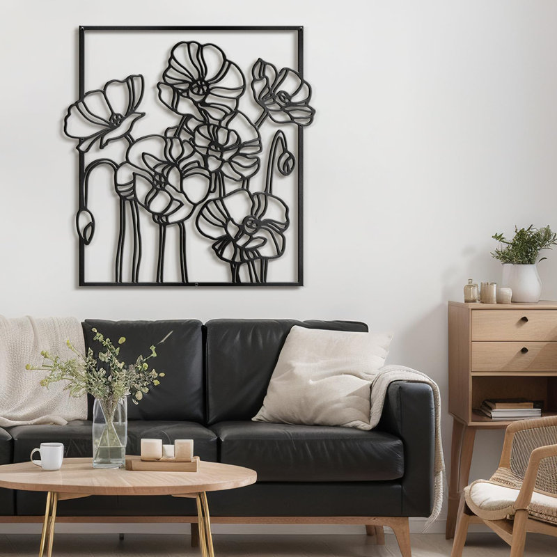 Abstract Floral Line Art Wall Decor Modern Abstract Wall Accent Sculpture Hanging Decoration Metal Wall Decor, Blck