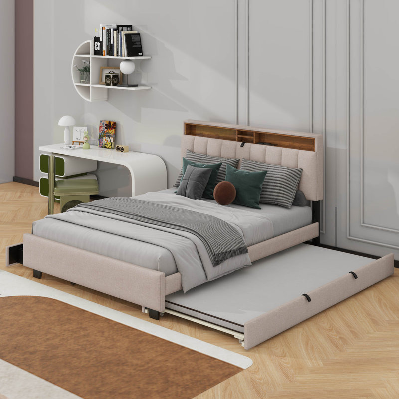 Grand lit plateforme tapissier avec tête de lit, gigogne et 2 tiroirs, Beige