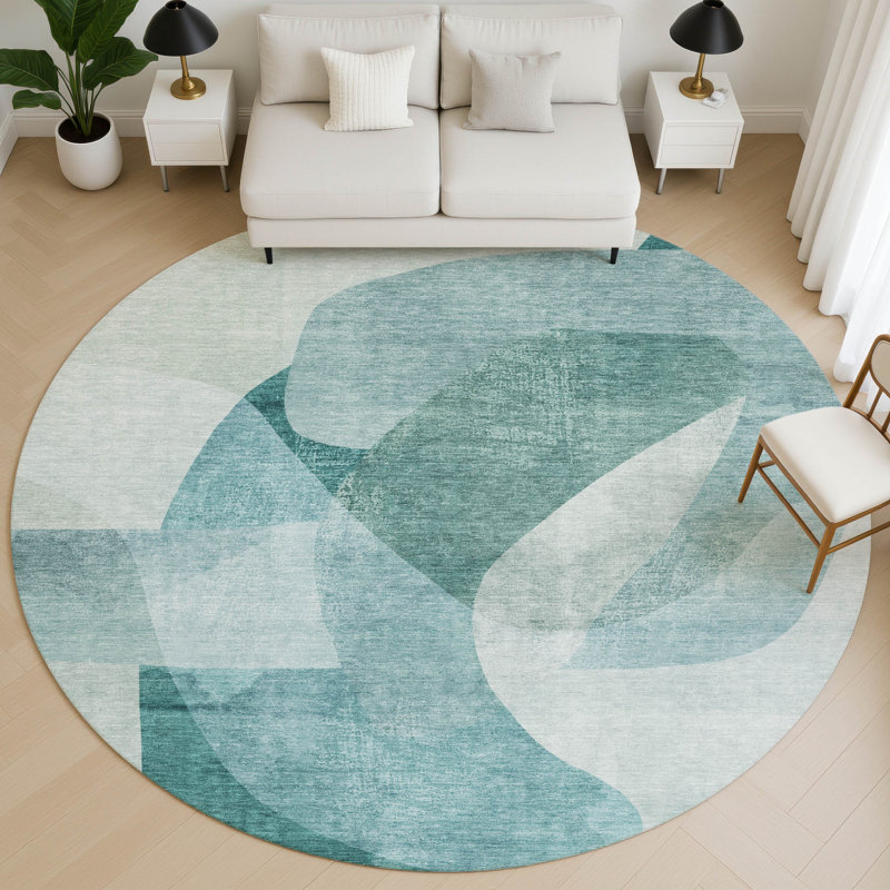 Premium Machine Washable Mayfield Abstract Rug, 8' Round, Teal