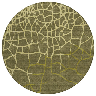 HomeRoots 8' Olive Green And Dark Green Round Abstract Washable Indoor Outdoor Area Rug