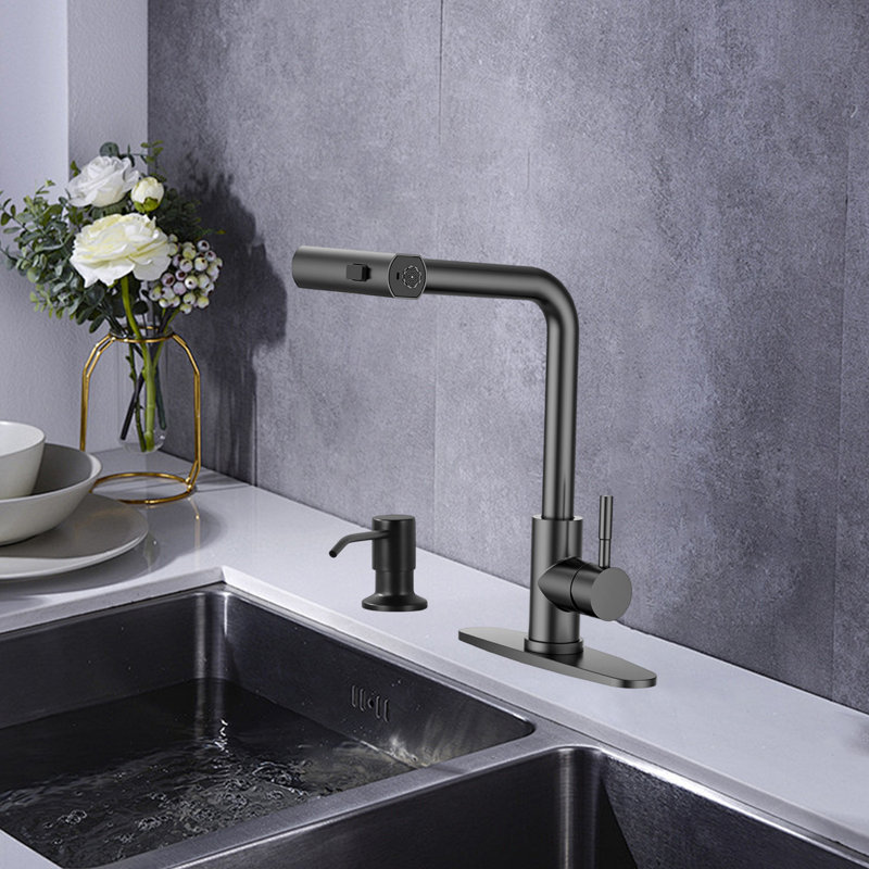Pull-Down Sprayer Kitchen Faucet, Waterfall Kitchen Faucet, 3 Modes (Waterfall/Stream/Spray), With Soap Dispenser, Deck-Mounted Kitchen Faucet.