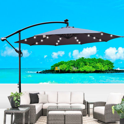 Parasol de patio à énergie solaire 10 pi - lumières DEL, 8 nervures imperméables, manivelle, base croisée pour terrasse de jardin éclairée, jardin