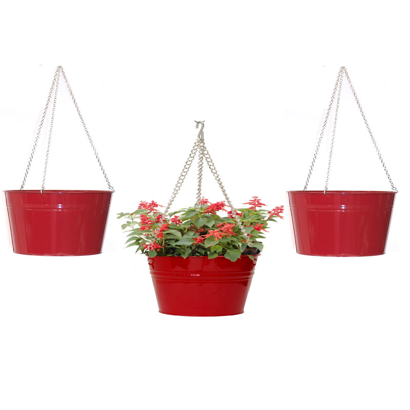 Enameled Galvanized Steel Hanging Planter S/3, Red