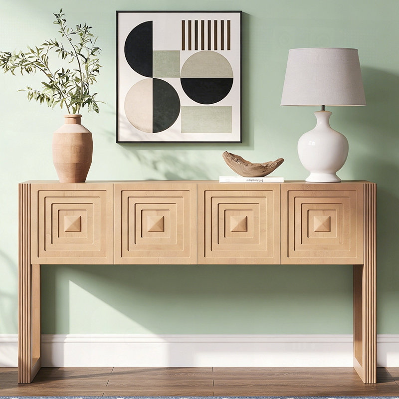 Console géométrique sculptée avec 3 tiroirs à fermeture en douceur, pieds cannelés, Light Brown