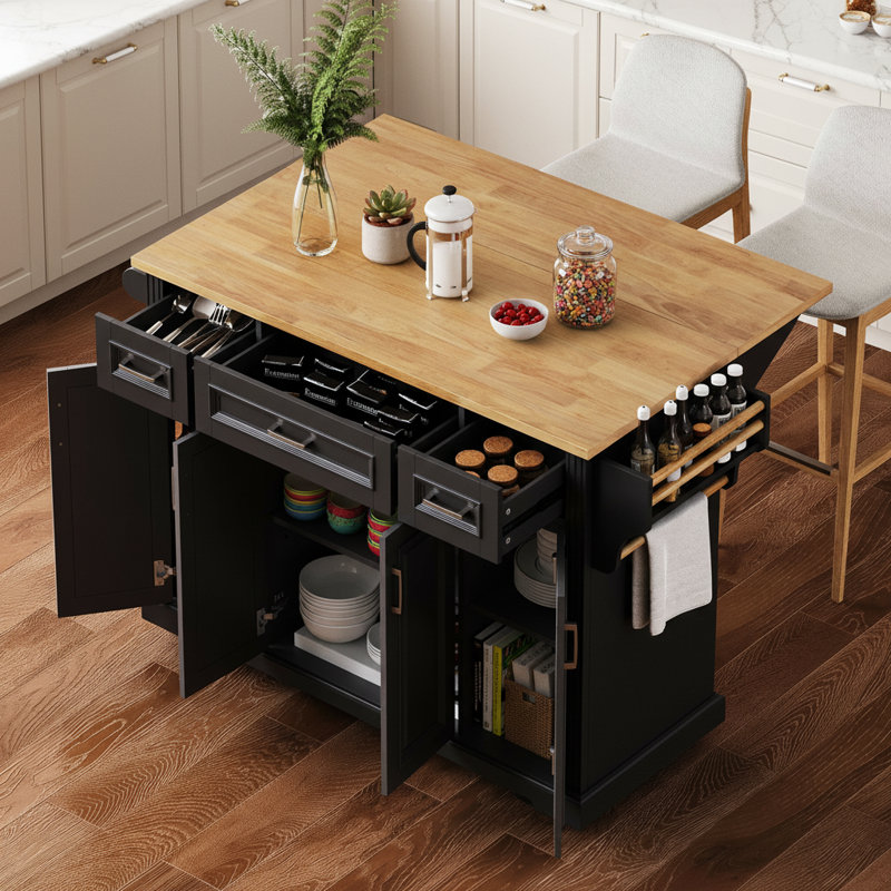 54.2-Inch Large Kitchen Island, Rubberwood Folding Countertop, Embossed Texture, 4-Wheel Movement, 4 Doors, 3 Drawers, Storage, Suitable For Kitchen And Dining Areas, Black.