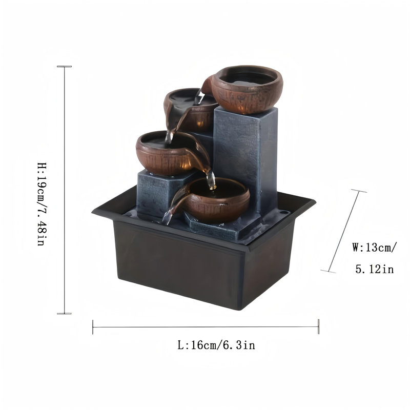 Four level desktop fountain with LED light, Blue/Brown