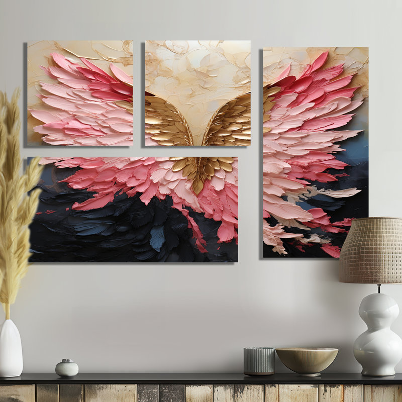 "Pink and Gold Angel Wings" - Art mural sur toile rose 4 pièces, Toile tendue, Ne s’applique pas