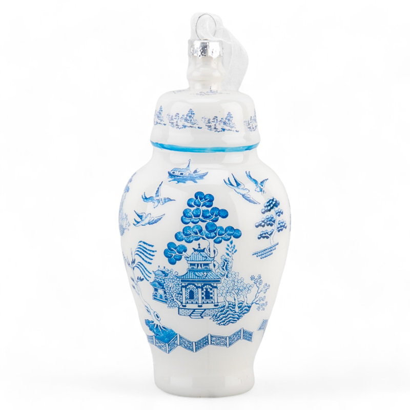 Ginger Jar Blue Glass Ornament, Blue/White