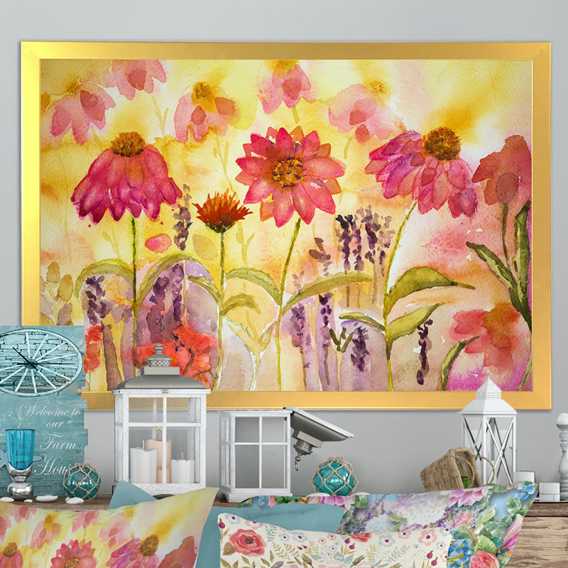 Wild Coneflowers and Lavender - reproduction sur toile, H 12 po x l 20 po x P 1 po, Cadre doré